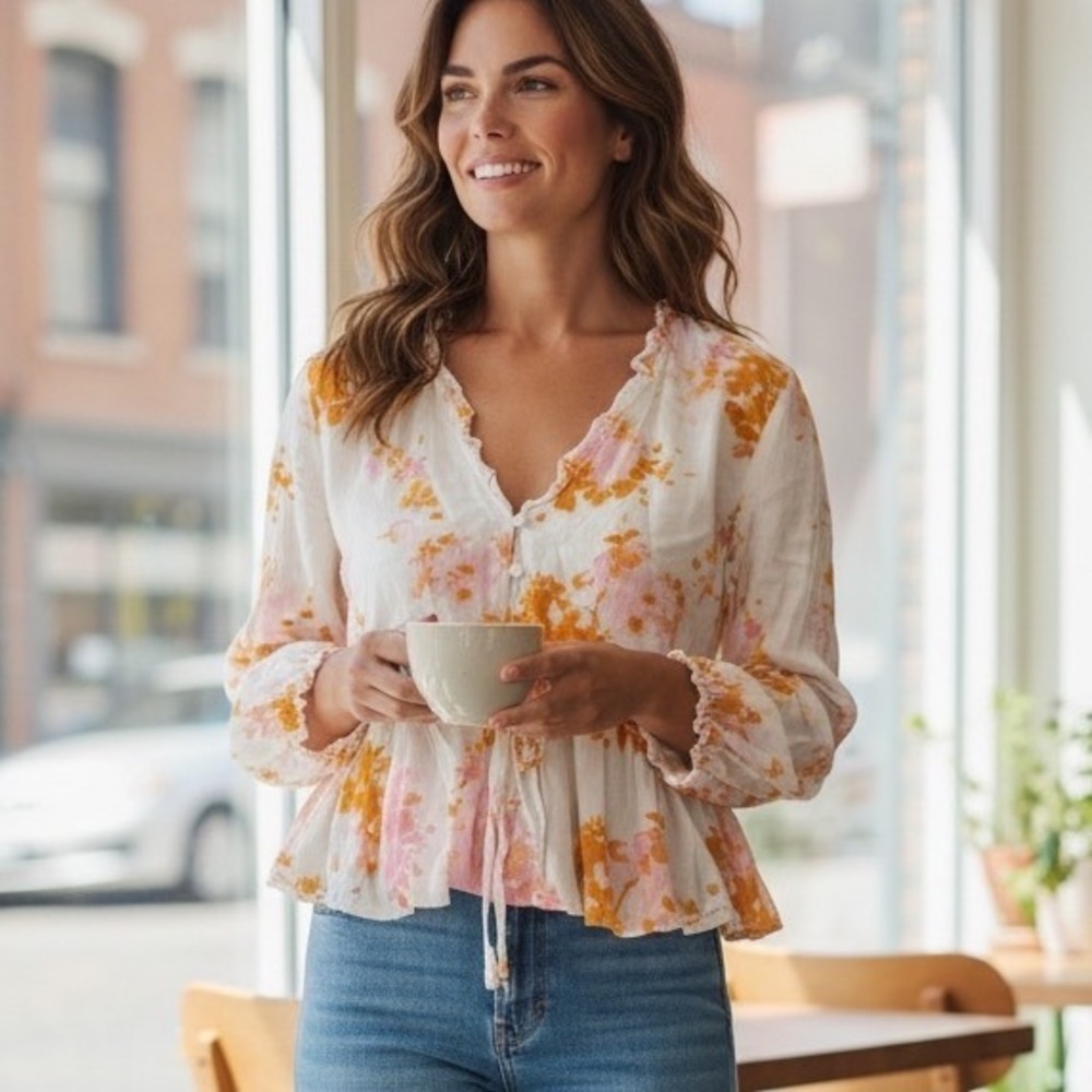 VICI Floral Peplum Ruffle V-Neck Long Sleeve Blouse Cottagecore Whimsy Peasant